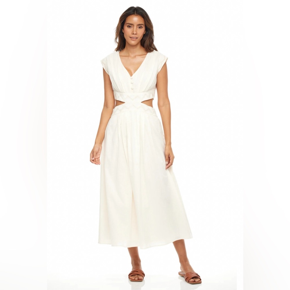 Women's Ivory Cutout Midi Dress - Elegant V-Neck Summer Dress
